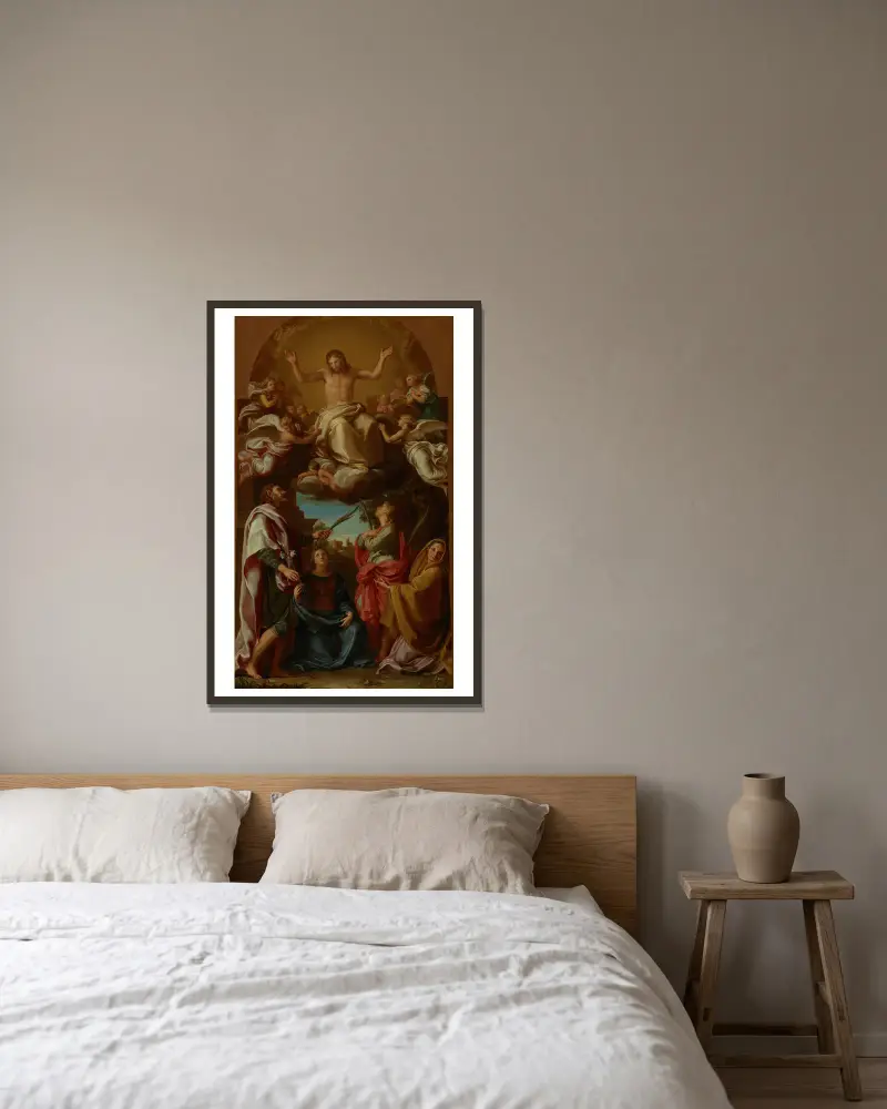 Kristus i härlighet med helgonen Celsus, Julianus, Marcionilla och Basilissa av Pompeo Batoni inramad på en vägg