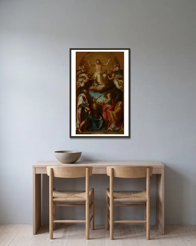 Kristus i härlighet med helgonen Celsus, Julianus, Marcionilla och Basilissa av Pompeo Batoni inramad på en vägg