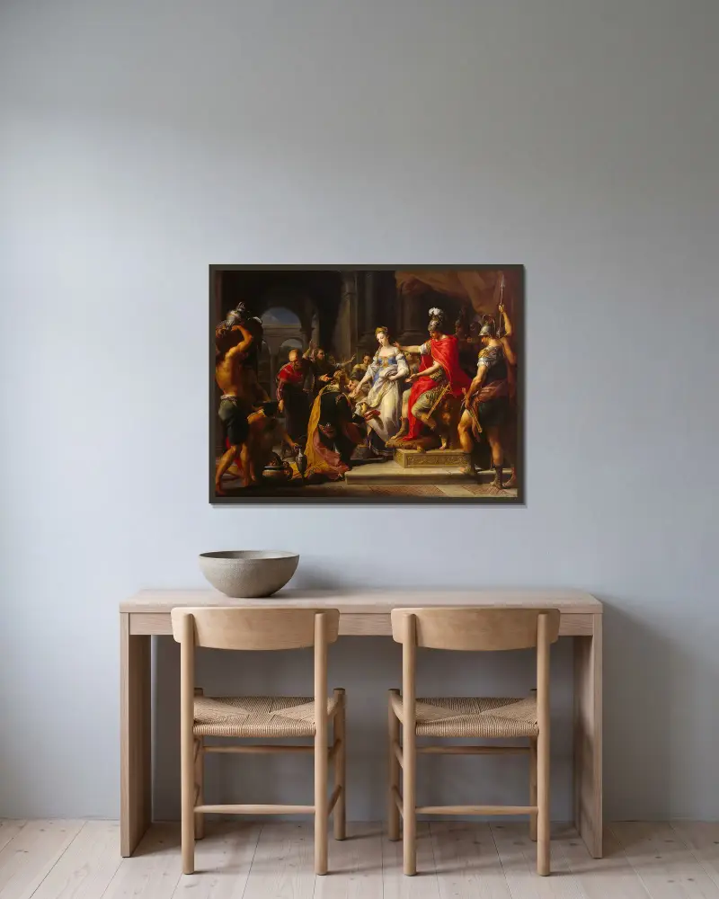 Scipios återhållsamhet av Pompeo Batoni inramad på en vägg