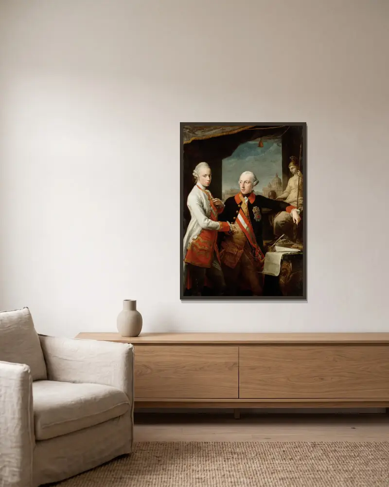 Kejsar Josef II med storhertig Pietro Leopoldo av Toscana av Pompeo Batoni inramad på en vägg