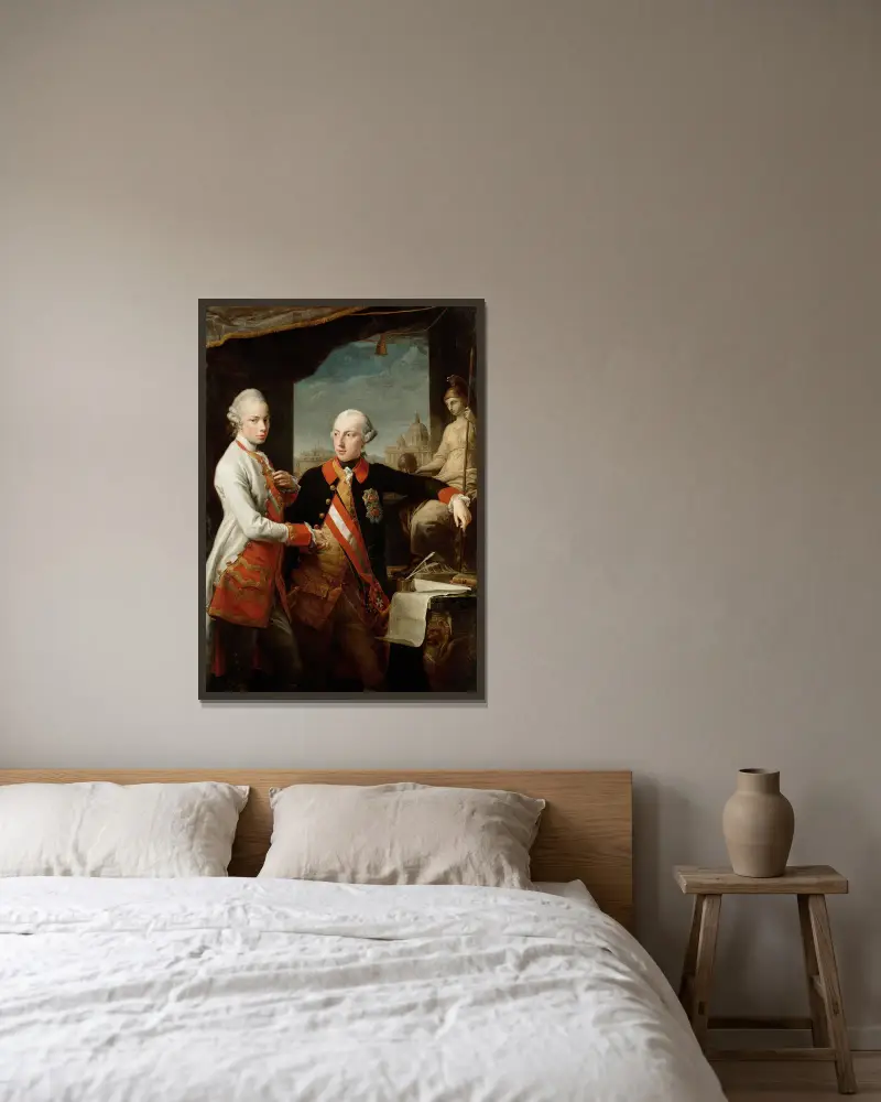 Kejsar Josef II med storhertig Pietro Leopoldo av Toscana av Pompeo Batoni inramad på en vägg
