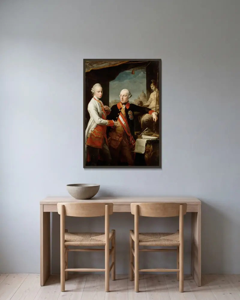 Kejsar Josef II med storhertig Pietro Leopoldo av Toscana av Pompeo Batoni inramad på en vägg