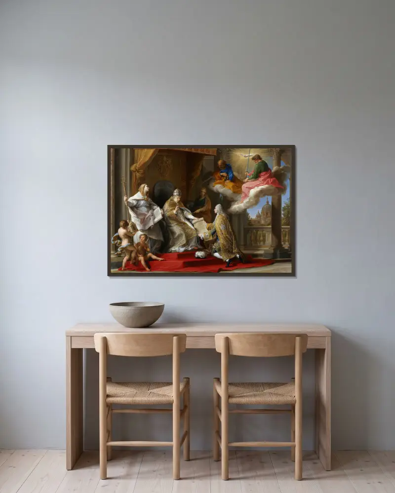 Papst Benedikt XIV. überreicht die Enzyklika Ex Omnibus dem Grafen von Stainville, später Herzog von Choiseul von Pompeo Batoni gerahmt an einer Wand