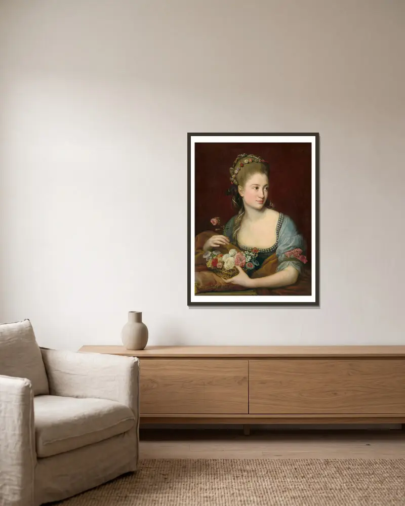 Porträtt av en dam som Flora av Pompeo Batoni inramad på en vägg