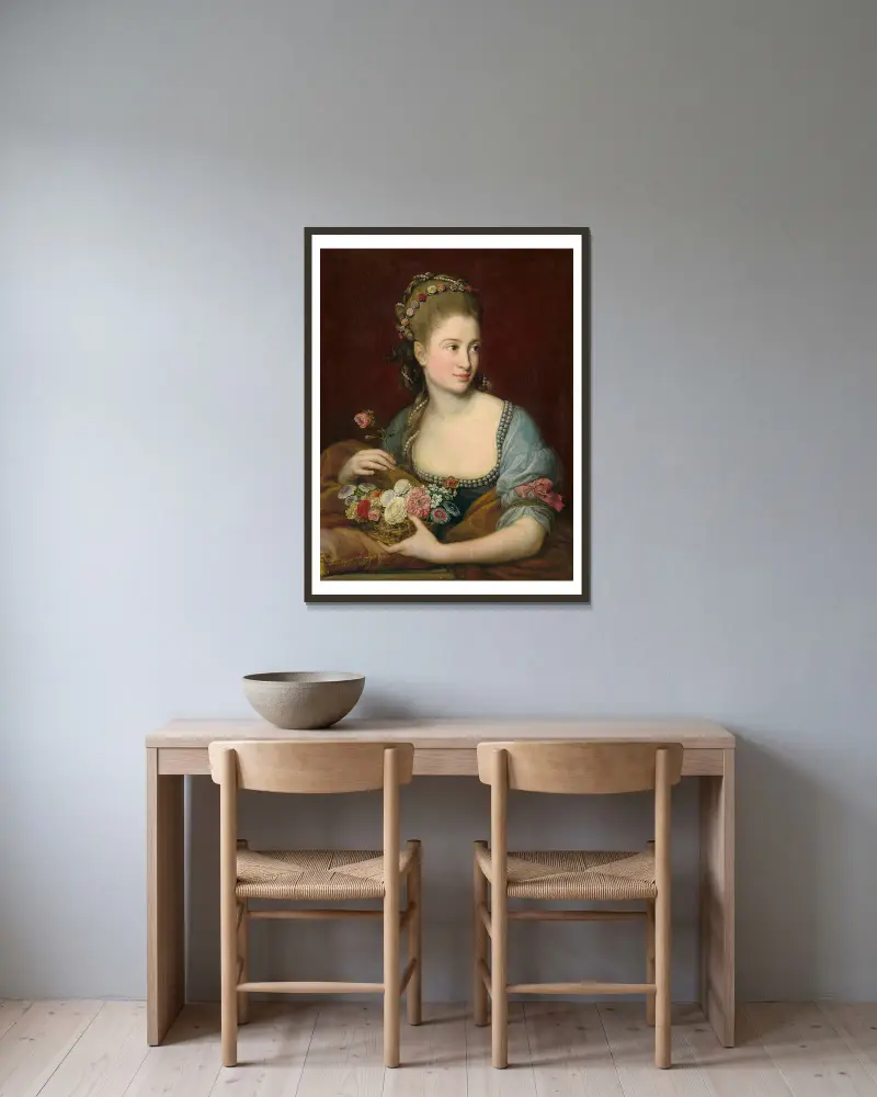 Porträtt av en dam som Flora av Pompeo Batoni inramad på en vägg