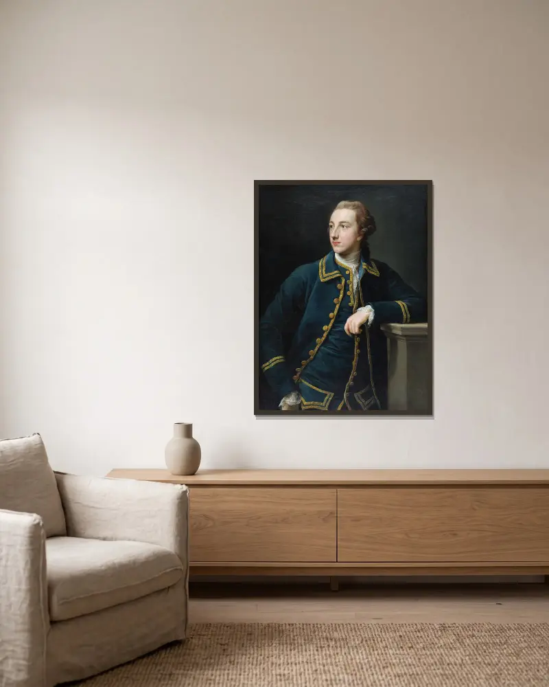 Porträtt av en man i grön dräkt av Pompeo Batoni inramad på en vägg