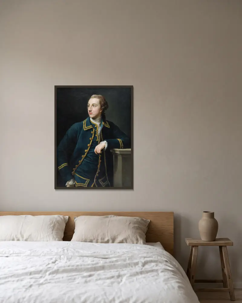 Porträtt av en man i grön dräkt av Pompeo Batoni inramad på en vägg