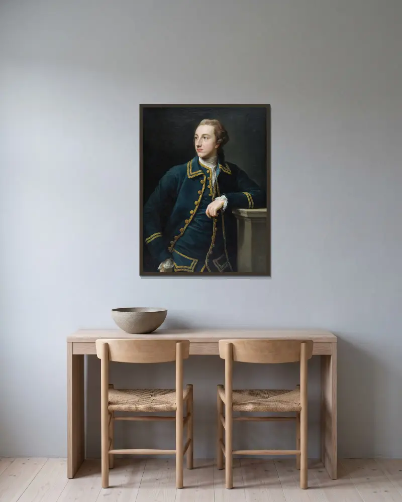 Porträtt av en man i grön dräkt av Pompeo Batoni inramad på en vägg