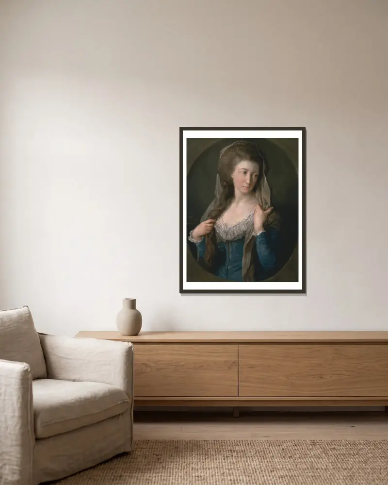 Bildnis einer Frau, traditionell identifiziert als Margaret Stuart, Lady Hippisley von Pompeo Batoni gerahmt an einer Wand