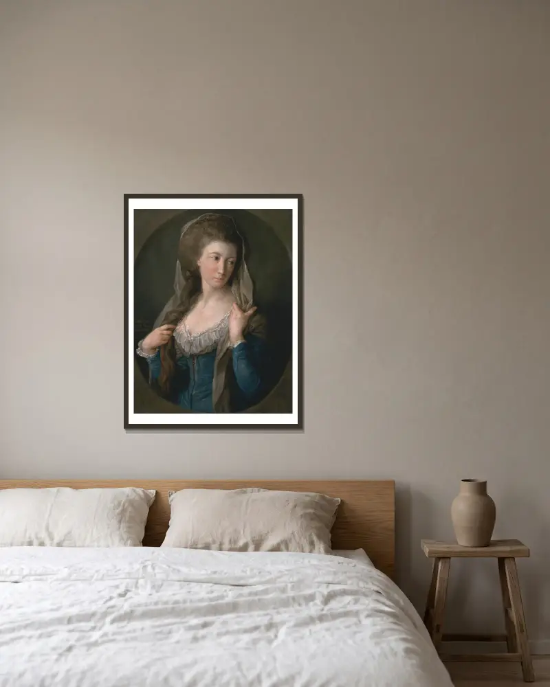 Bildnis einer Frau, traditionell identifiziert als Margaret Stuart, Lady Hippisley von Pompeo Batoni gerahmt an einer Wand