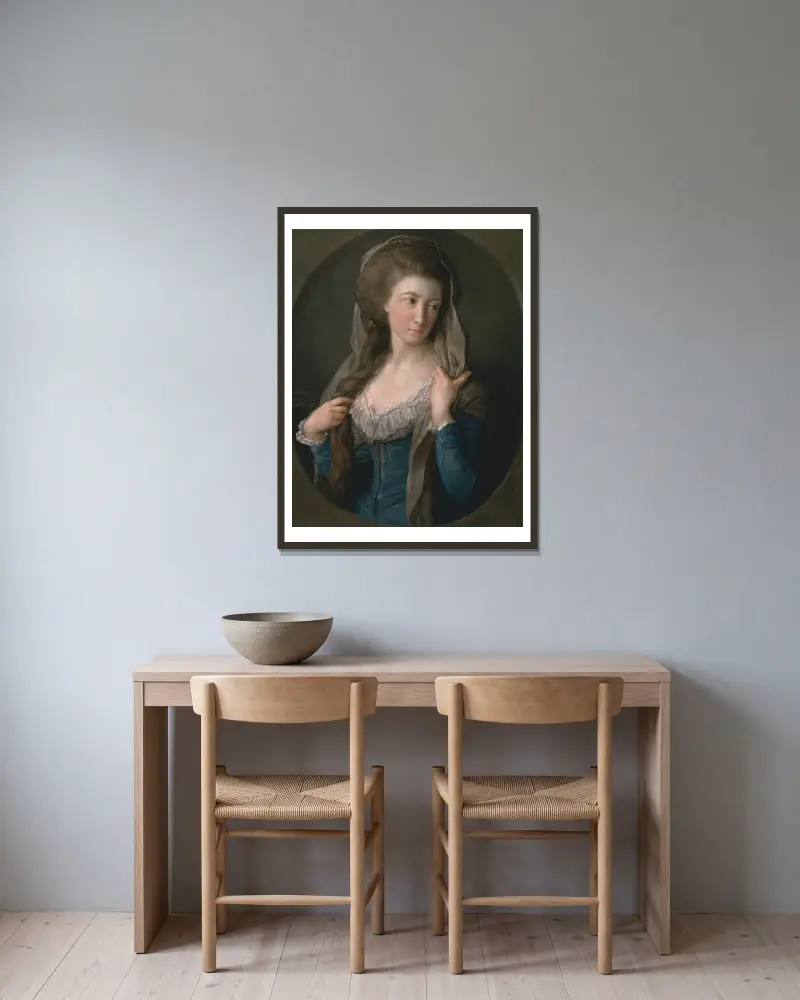 Bildnis einer Frau, traditionell identifiziert als Margaret Stuart, Lady Hippisley von Pompeo Batoni gerahmt an einer Wand