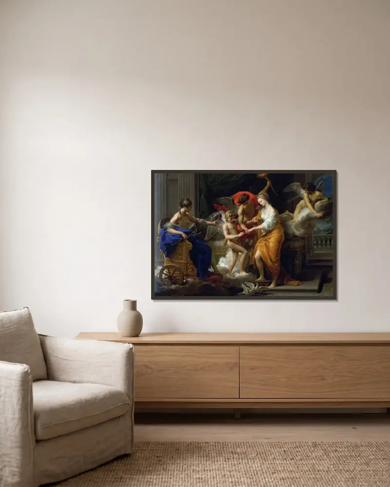 Die Vermählung von Amor und Psyche von Pompeo Batoni gerahmt an einer Wand
