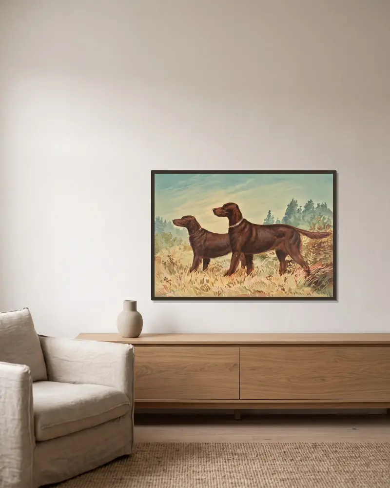 Two standing Flatcoated Retrievers, facing left av Alexander Pope Jr. inramad på en vägg