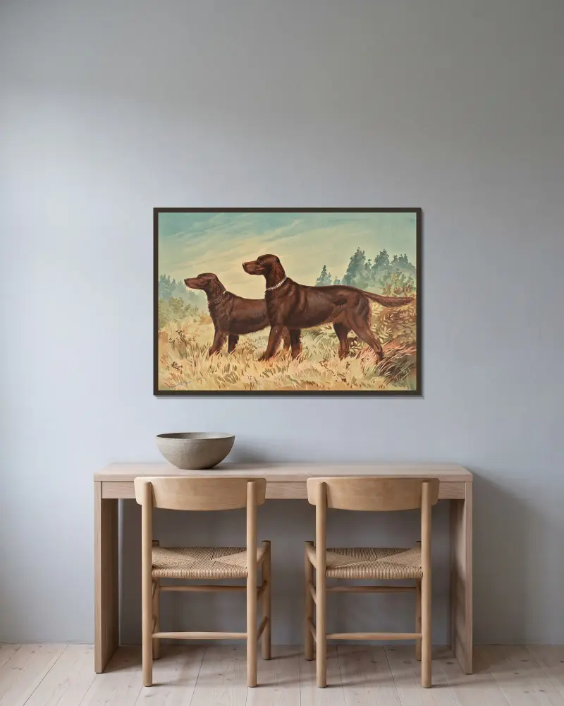 Two standing Flatcoated Retrievers, facing left av Alexander Pope Jr. inramad på en vägg