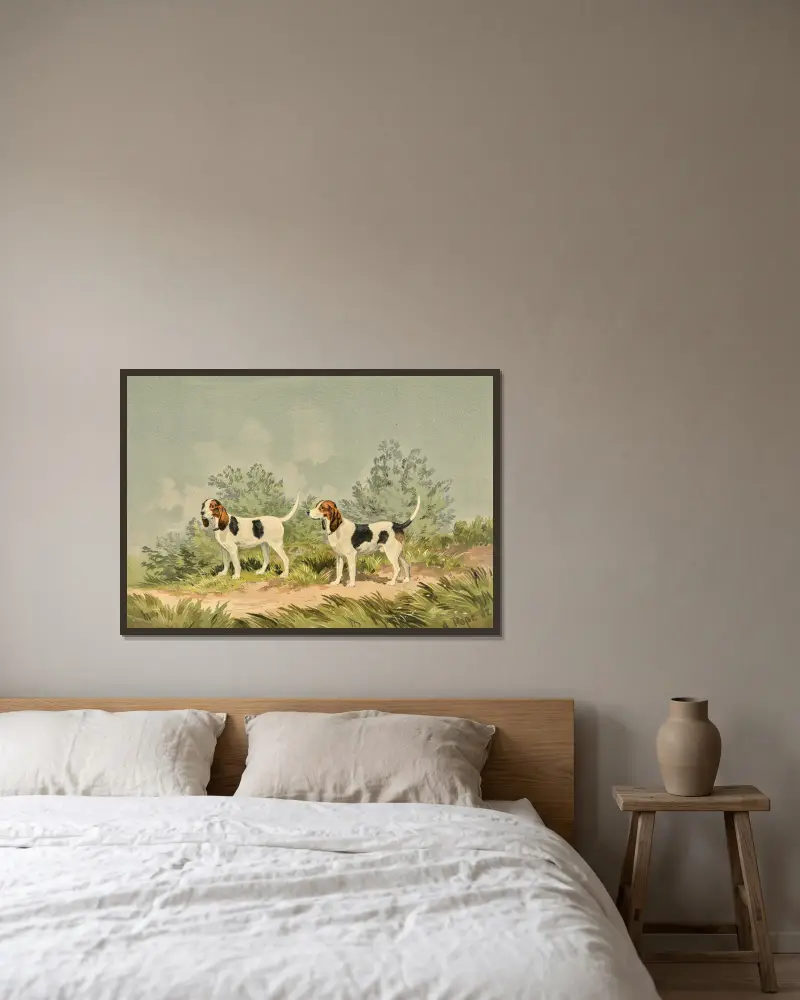 Dwa stojące harriery, zwrócone w lewo, Alexander Pope Jr. w ramie na ścianie
