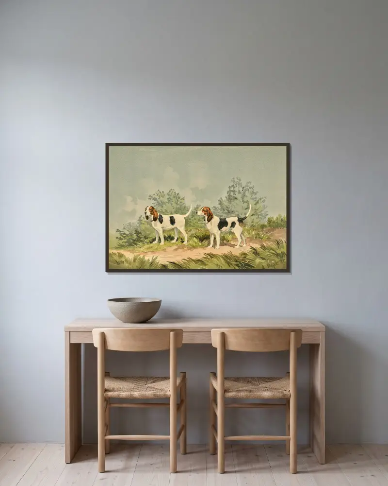 Dwa stojące harriery, zwrócone w lewo, Alexander Pope Jr. w ramie na ścianie