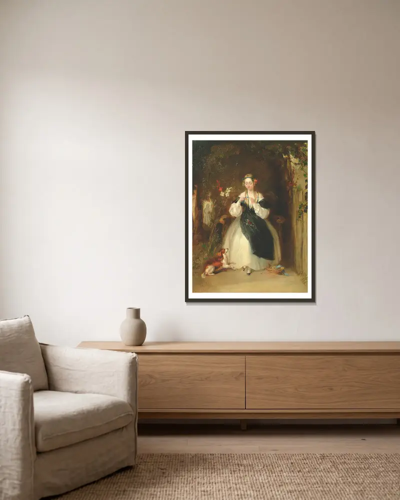 Ung kvinna som flätar sitt hår av William Powell Frith inramad på en vägg