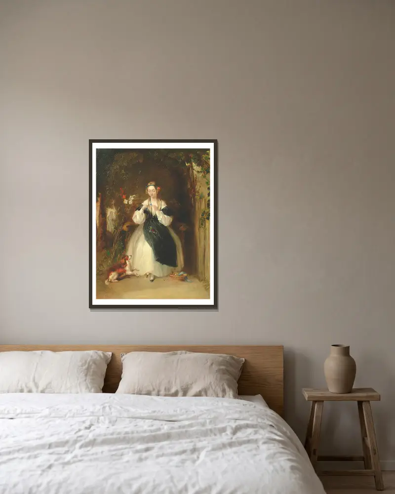 Ung kvinna som flätar sitt hår av William Powell Frith inramad på en vägg