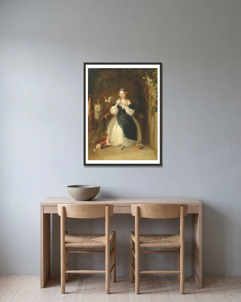 Ung kvinna som flätar sitt hår av William Powell Frith inramad på en vägg
