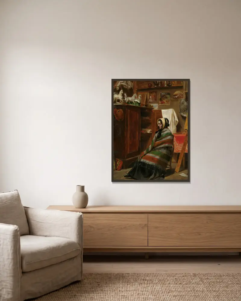 Modell in einem unordentlichen Atelier von William Powell Frith gerahmt an einer Wand