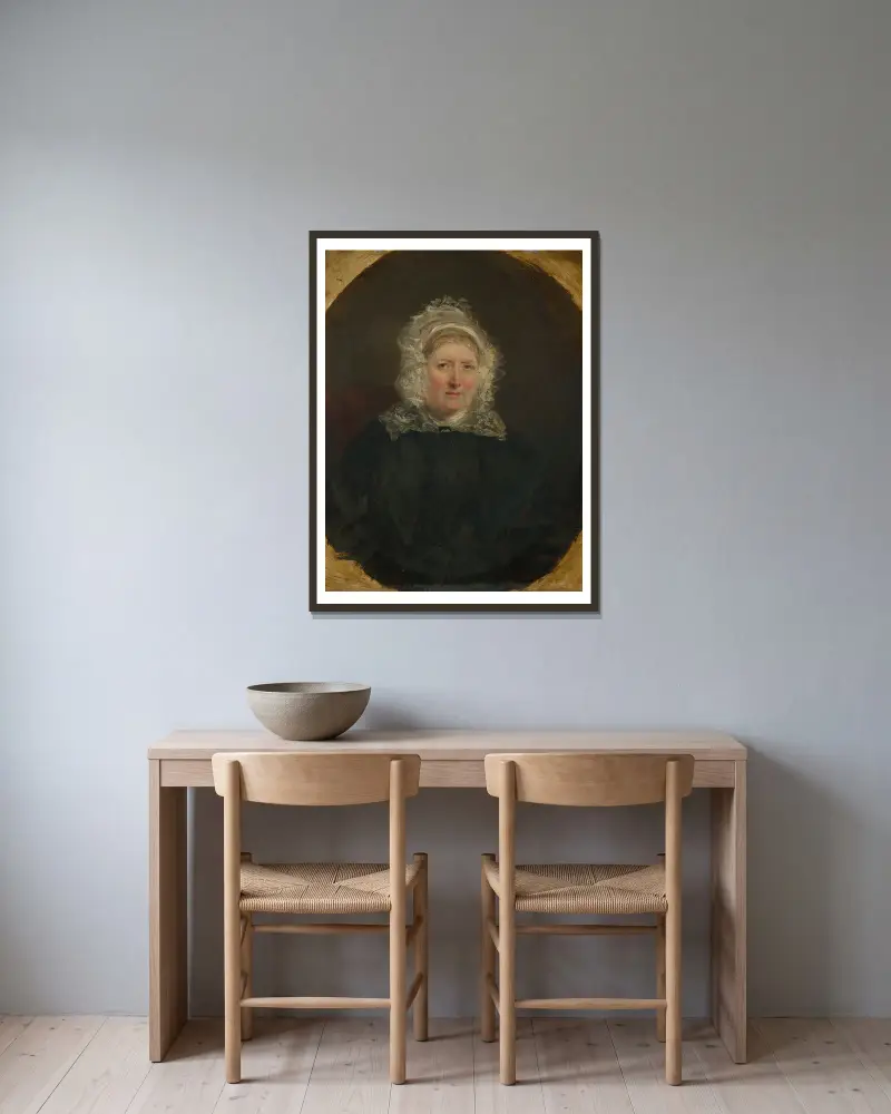 Porträtt av Jane Powell, konstnärens mor av William Powell Frith inramad på en vägg