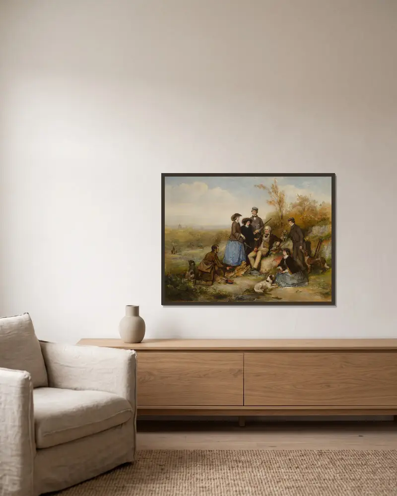 Die Jagdgesellschaft von William Powell Frith gerahmt an einer Wand