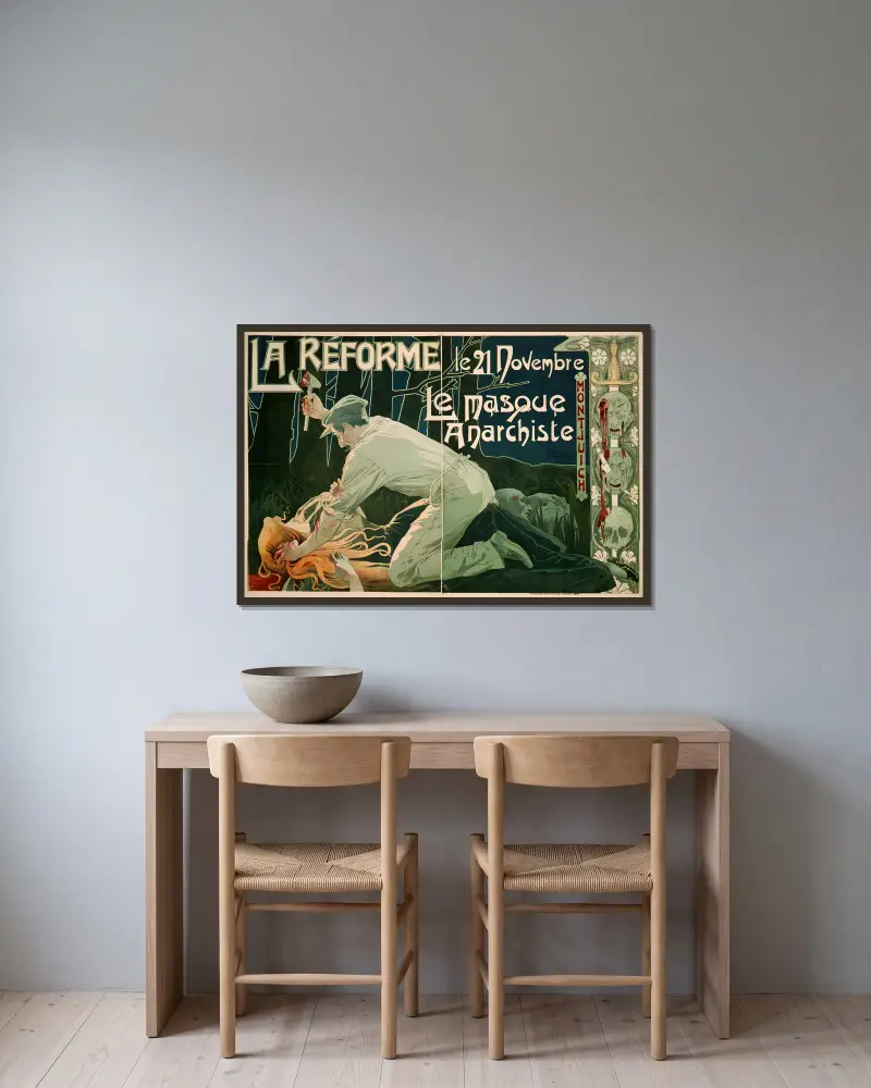 La Réforme, 21 listopada, maska anarchisty, Henri Privat-Livemont w ramie na ścianie