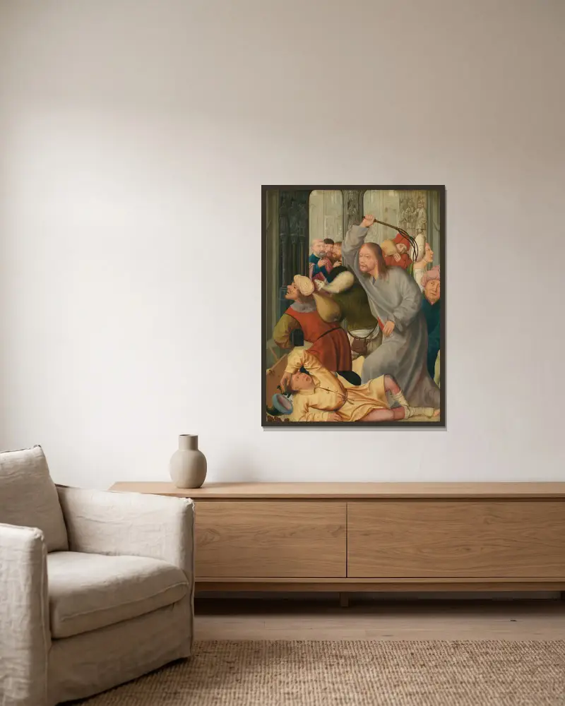Christus vertreibt die Geldwechsler aus dem Tempel von Quentin Massys gerahmt an einer Wand
