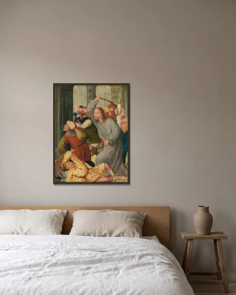 Christus vertreibt die Geldwechsler aus dem Tempel von Quentin Massys gerahmt an einer Wand