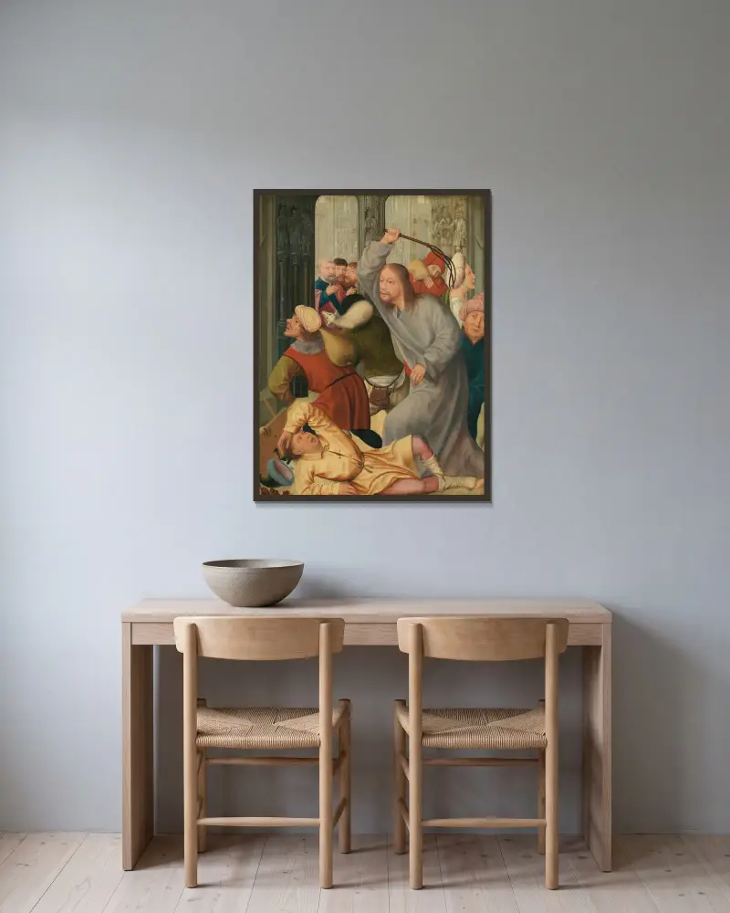 Christus vertreibt die Geldwechsler aus dem Tempel von Quentin Massys gerahmt an einer Wand