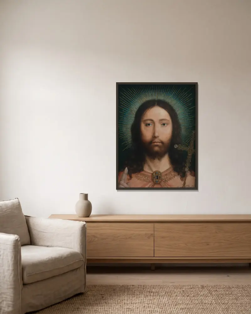 Christ Salvator Mundi av Quentin Massys inramad på en vägg