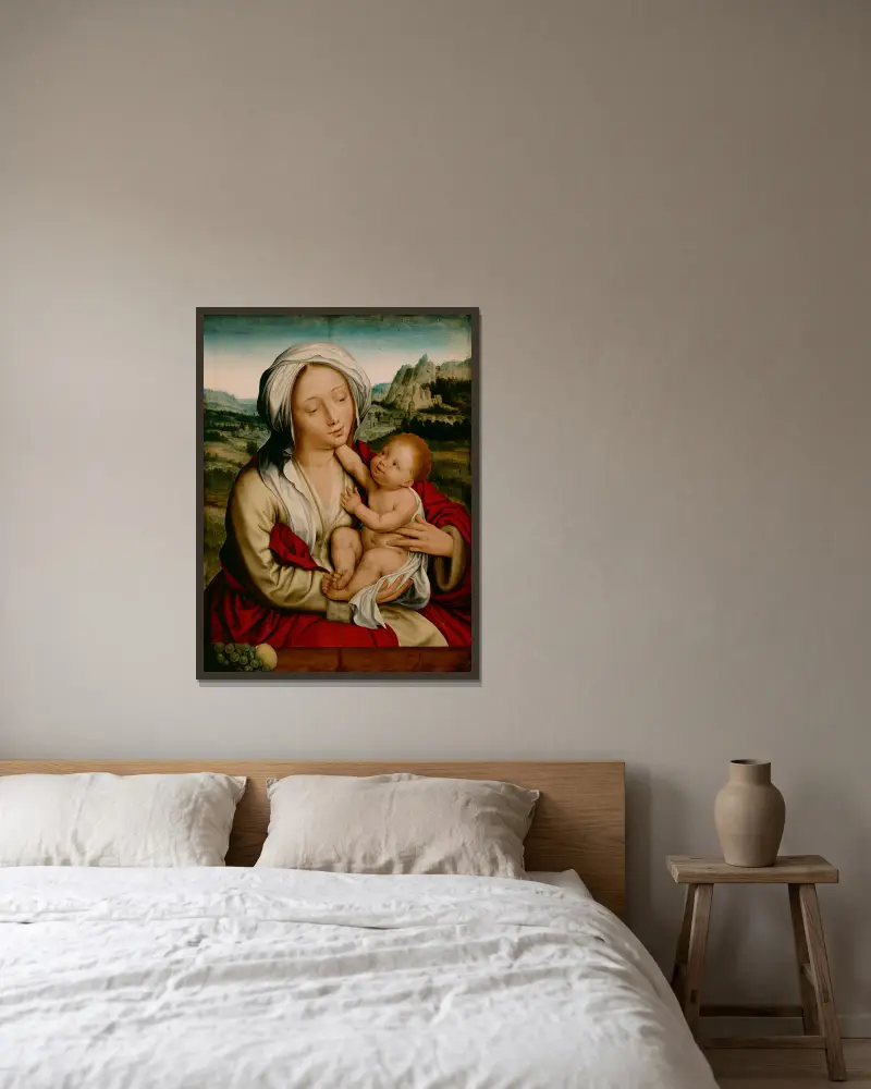 Madonna and Child, 1520 av Quentin Massys inramad på en vägg