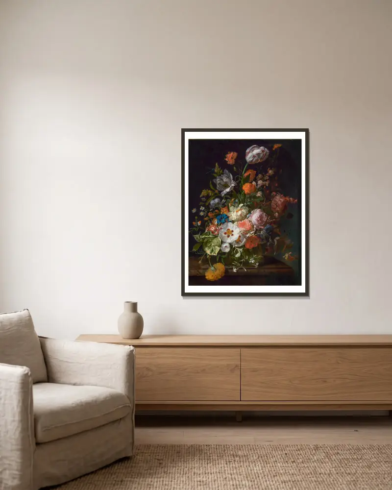 Blumenstrauß von Rachel Ruysch gerahmt an einer Wand