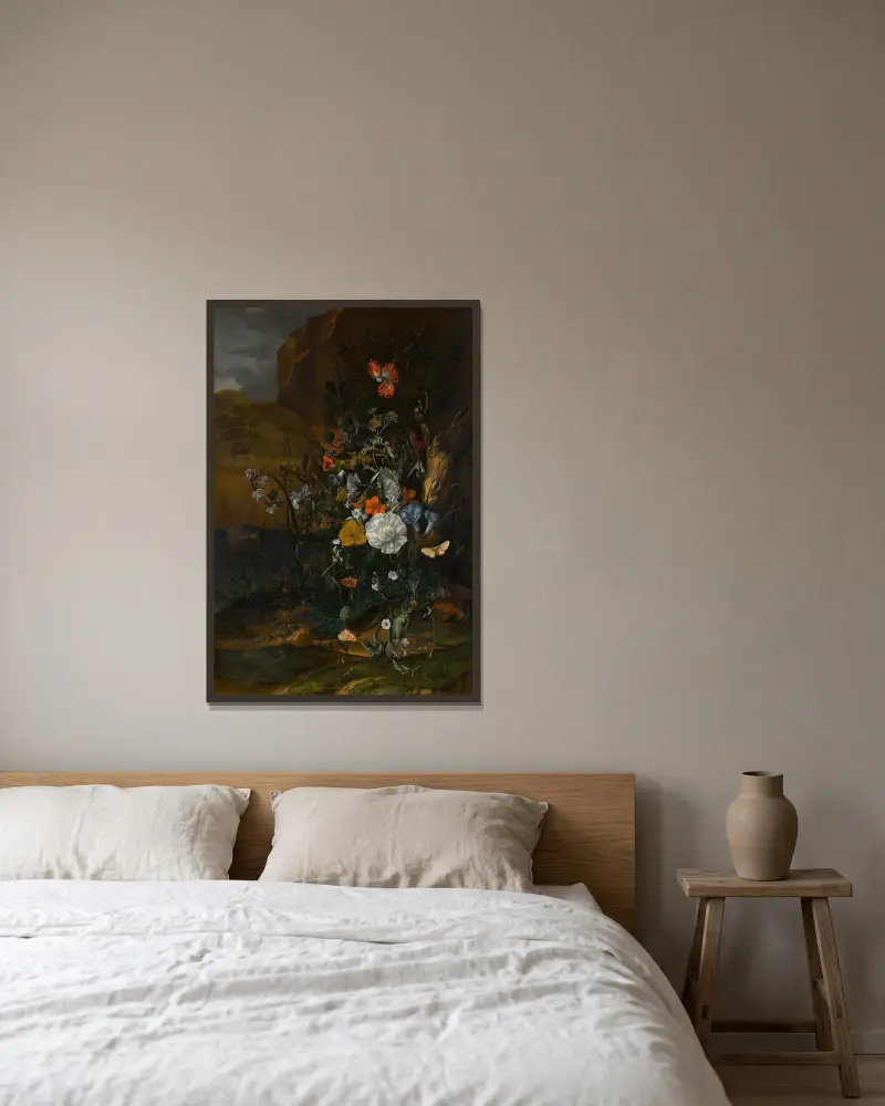 Stilleben med blommor, fjärilar, insekter, ödla och paddor vid en damm av Rachel Ruysch inramad på en vägg