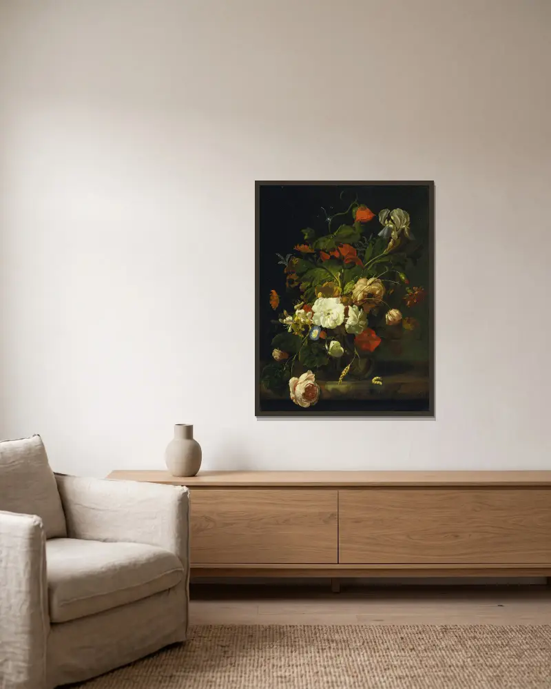 Stilleben med blomsterbukett av Rachel Ruysch inramad på en vägg
