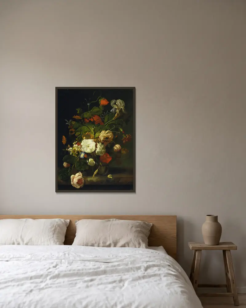 Stilleben med blomsterbukett av Rachel Ruysch inramad på en vägg