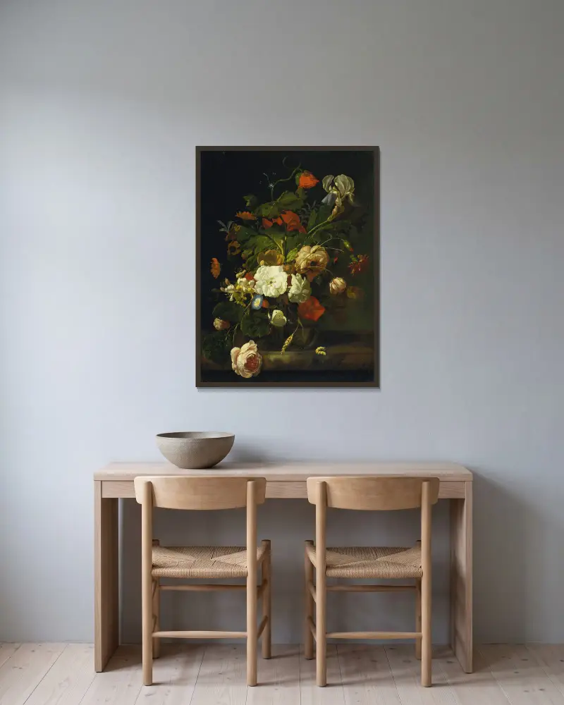 Stilleben med blomsterbukett av Rachel Ruysch inramad på en vägg