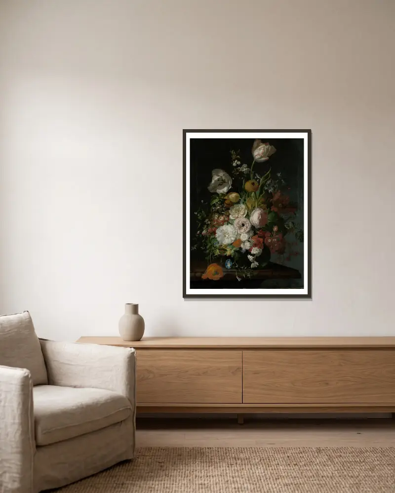 Stilleben med blommor i glasvas av Rachel Ruysch inramad på en vägg