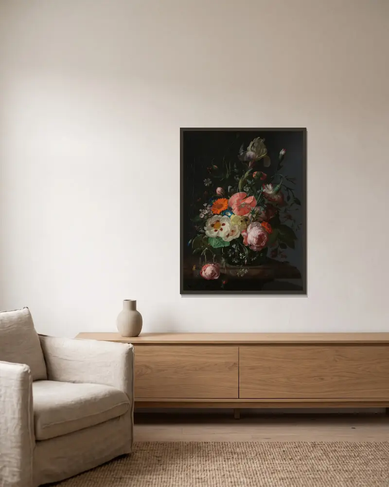 Stilleben med blommor på marmorbord av Rachel Ruysch inramad på en vägg