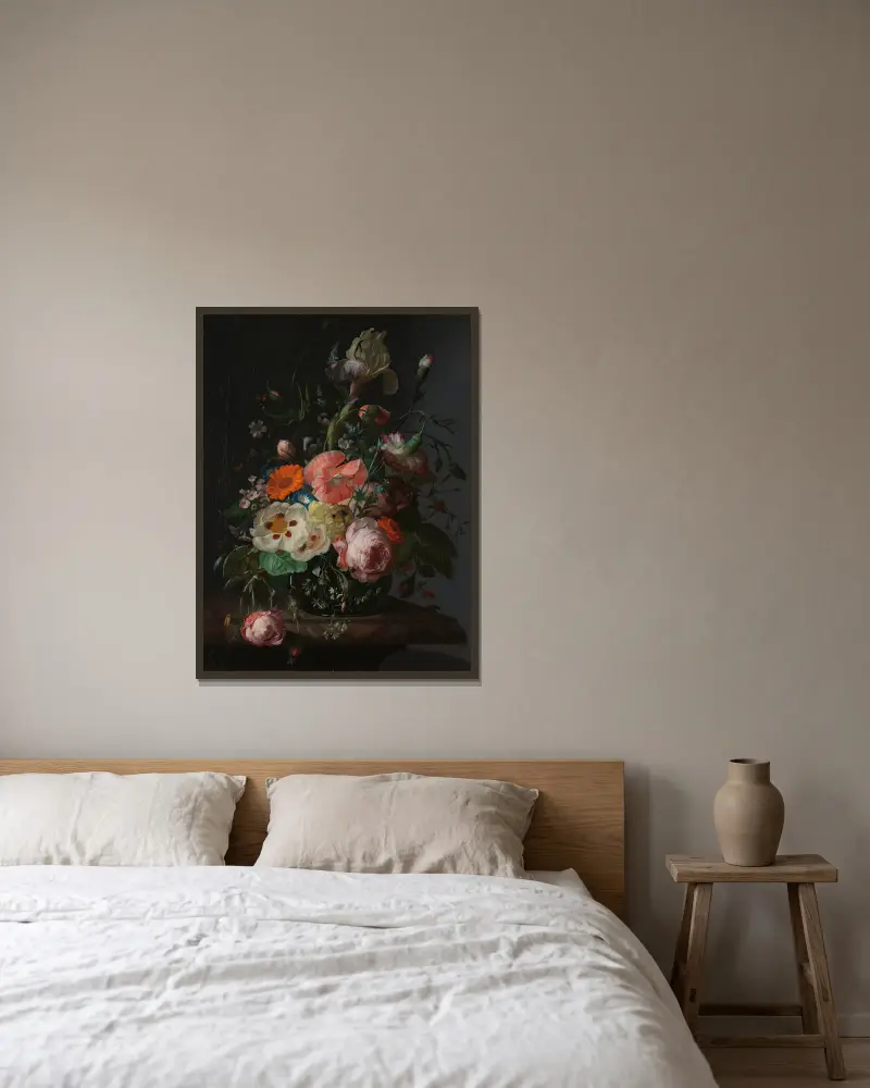 Stilleben med blommor på marmorbord av Rachel Ruysch inramad på en vägg
