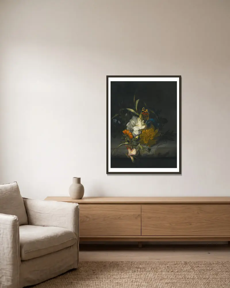 Stilleben med ringblommor, blomman för dagen, en passionsblomma och andra blandade blommor, tillsammans med insekter på en stenhäll av Rachel Ruysch inramad på en vägg