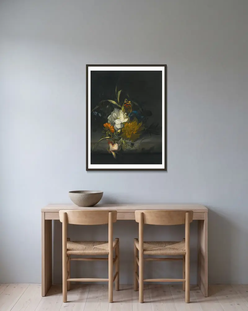 Stilleben med ringblommor, blomman för dagen, en passionsblomma och andra blandade blommor, tillsammans med insekter på en stenhäll av Rachel Ruysch inramad på en vägg