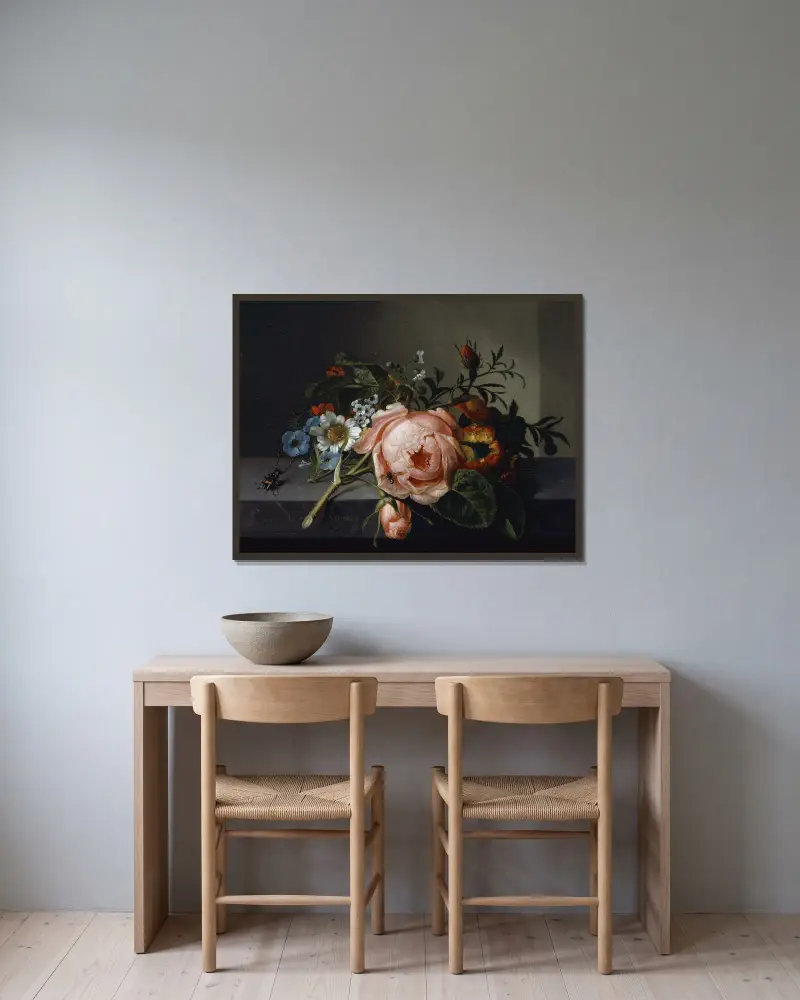 Stilleben med rosengren, skalbagge och bi av Rachel Ruysch inramad på en vägg