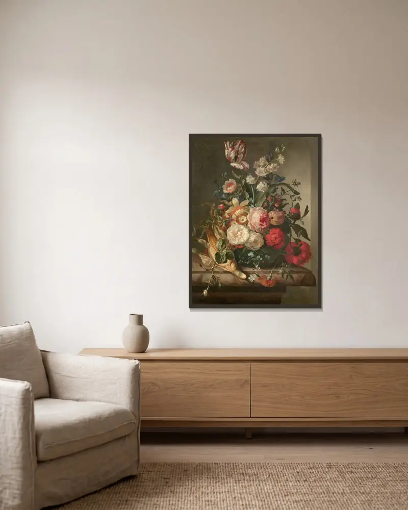 Vas med blommor och majsax i en nisch av Rachel Ruysch inramad på en vägg