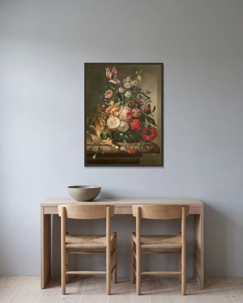 Vas med blommor och majsax i en nisch av Rachel Ruysch inramad på en vägg