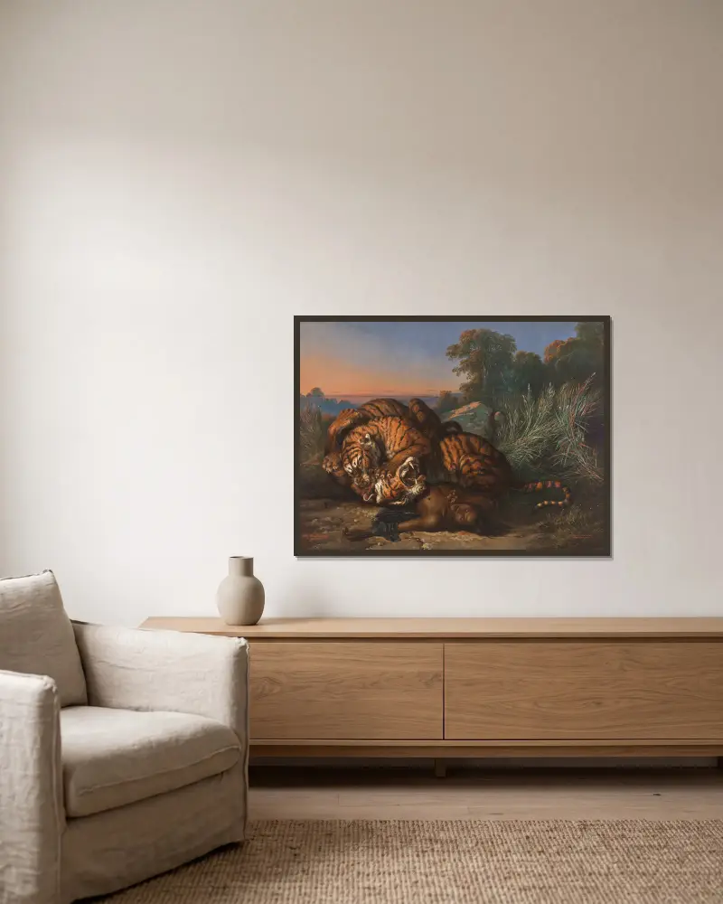 Kämpfende Tiger av Raden Saleh inramad på en vägg