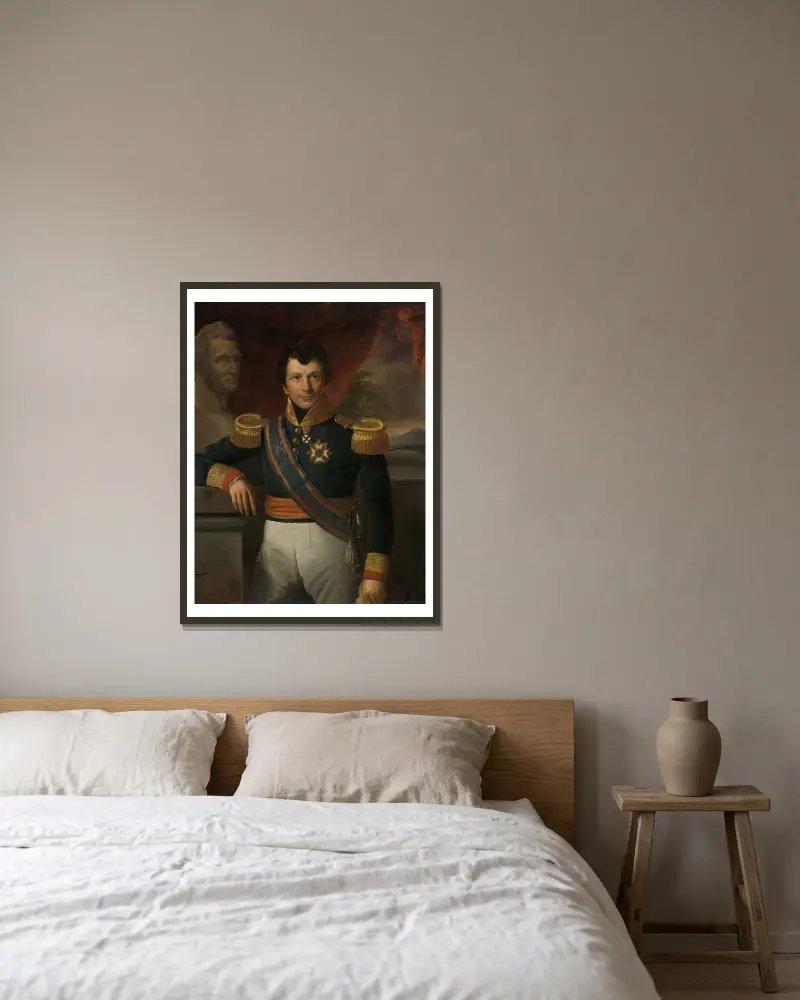Porträtt av Johannes, greve van den Bosch, generalguvernör över Nederländska Ostindien av Raden Saleh inramad på en vägg