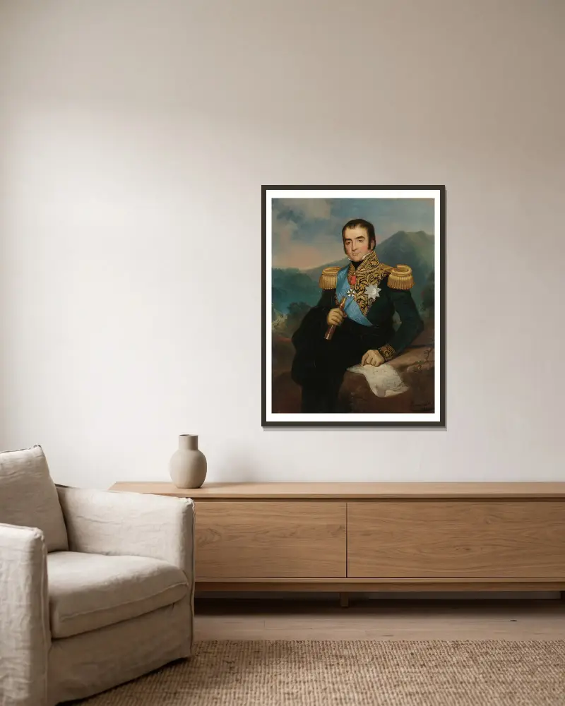 Posthumes Porträt von Herman Willem Daendels, Generalgouverneur von Niederländisch-Ostindien von Raden Saleh gerahmt an einer Wand
