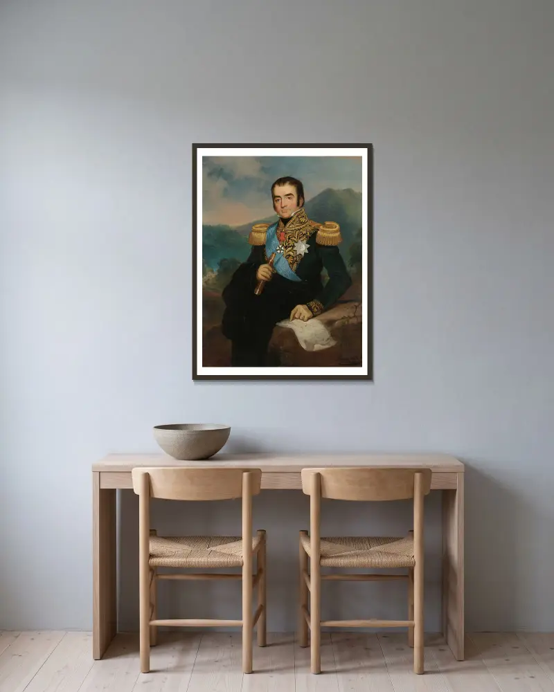 Posthumes Porträt von Herman Willem Daendels, Generalgouverneur von Niederländisch-Ostindien von Raden Saleh gerahmt an einer Wand