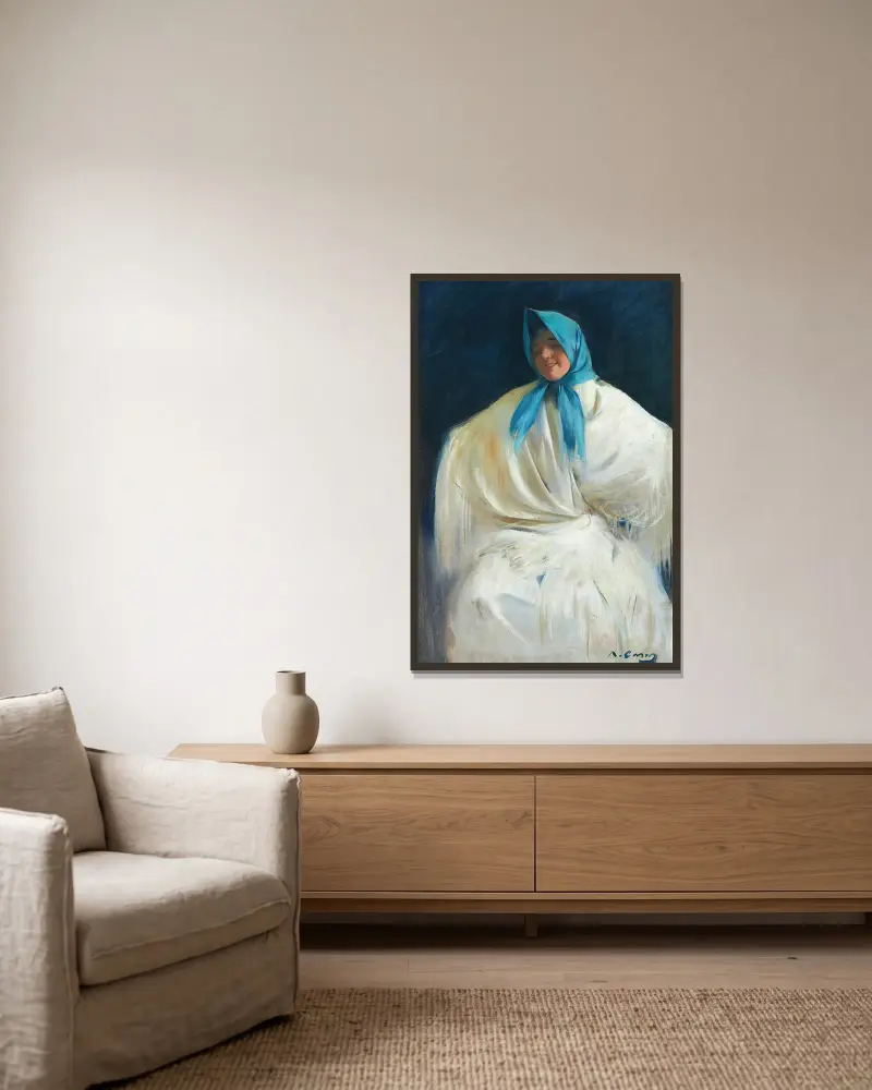 Chula con Pañuelo Azul (Mädchen mit blauem Halstuch) von Ramón Casas gerahmt an einer Wand